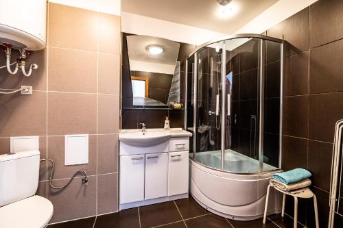 Un baño con inodoro, lavabo y ducha. en Concert Hall, en Liepāja