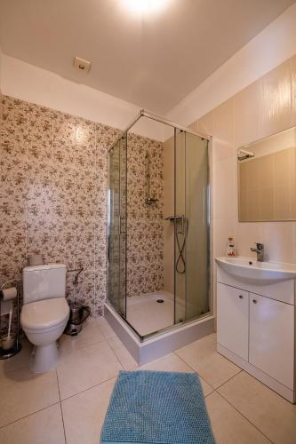 a bathroom with a shower and a toilet and a sink at Veranda Suite in Liepāja