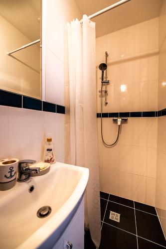 a bathroom with a sink and a shower at Jurnieku nams in Liepāja