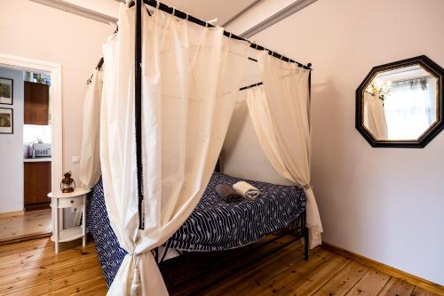 a bedroom with a canopy bed and a mirror at Jurnieku nams in Liepāja