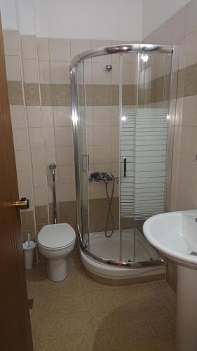 a bathroom with a shower and a toilet and a sink at Agnanti Hotel in Velventós