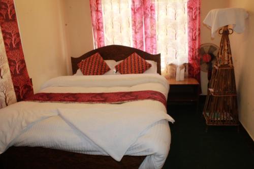 een slaapkamer met een bed met rode kussens en een raam bij Best Hostel in Kathmandu