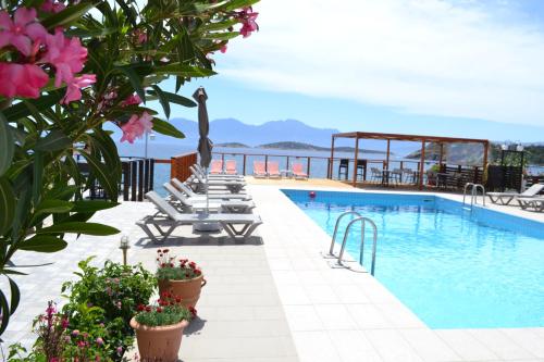 a swimming pool with lounge chairs and flowers at Havania Apartments in Agios Nikolaos