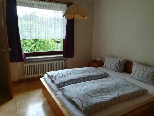2 Einzelbetten in einem Schlafzimmer mit Fenster in der Unterkunft Ferienwohnung Harms 2 in Hitzacker