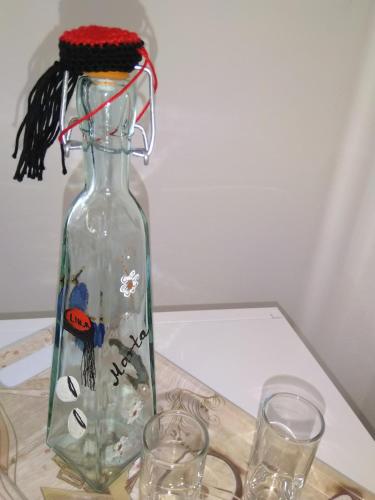 a glass bottle sitting on top of a table with glasses at Apartmani Sara i Marta in Otočac
