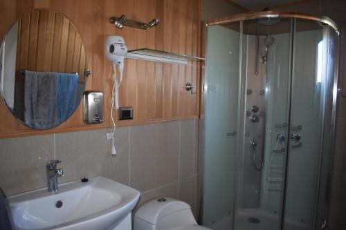 a bathroom with a shower and a sink and a mirror at Cabañas Vista Tranquila Chiloé in Castro