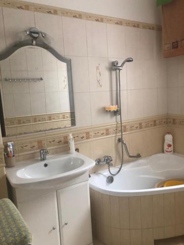 a bathroom with a tub and a sink and a shower at Pokoje Wrzeszcz in Gdańsk
