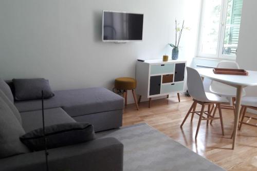 uma sala de estar com um sofá e uma mesa em Un appartement lumineux au parc beaumont em Pau