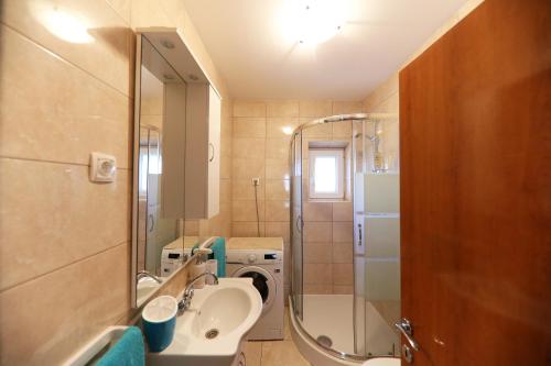a small bathroom with a sink and a shower at Apartments Anka in Rtina