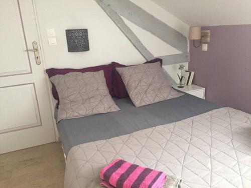 - une chambre avec un lit doté d'oreillers roses et gris dans l'établissement APPARTEMENT COSY ENTRE BOSQUET ET BEAUMONT, à Pau