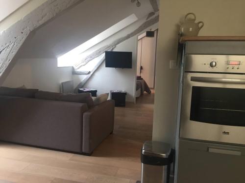 - un salon avec un canapé et une cuisinière dans l'établissement APPARTEMENT COSY ENTRE BOSQUET ET BEAUMONT, à Pau