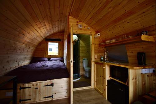 een slaapkamer in een blokhut met een bed en een televisie bij Coe Pod, West Highland Way Holidays in Kinlochleven