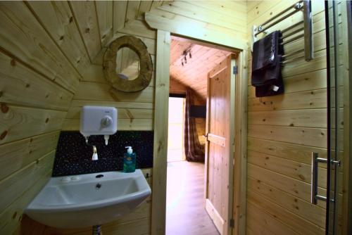 a bathroom with a sink and a mirror at Coe Pod, West Highland Way Holidays in Kinlochleven
