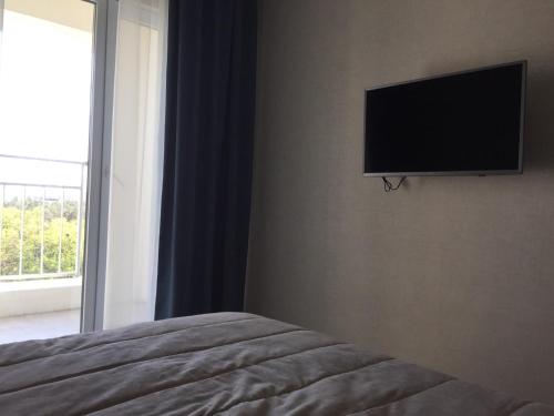 een slaapkamer met een flatscreen-tv aan de muur bij Apartament West Side in Kiev