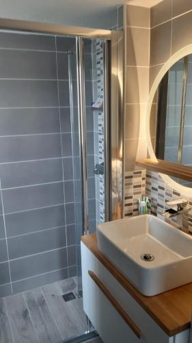 une salle de bain avec un lavabo blanc et une douche dans l'établissement Appartement T2 