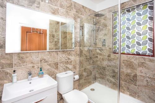 a bathroom with a toilet and a sink and a shower at The Doocot in Colinsburgh