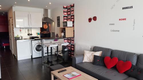 un salon avec un canapé et une cuisine dans l'établissement Cap d'Agde Port Ambonne, au Cap d'Agde