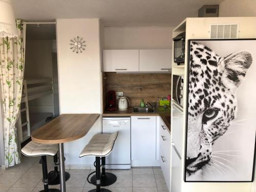 une cuisine avec une table et une photo d'un léopard dans l'établissement Studio cabine Toi et Moi à 30 m de la plage de Valras centre, à Valras-Plage
