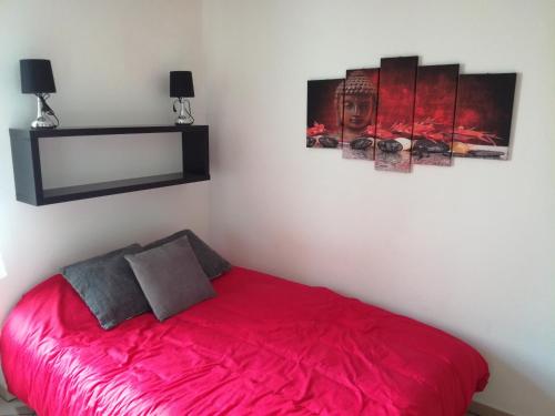 een slaapkamer met een rood bed met twee foto's aan de muur bij Appartement avec jardin à Colmar in Colmar