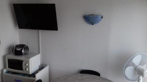 Cette chambre dispose d'un four micro-ondes et d'une télévision murale. dans l'établissement Studio Port Richelieu, au Cap d'Agde