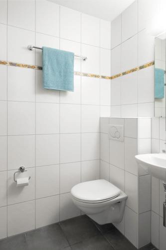 a white bathroom with a toilet and a sink at Hafod a Hendre in Lauterbrunnen