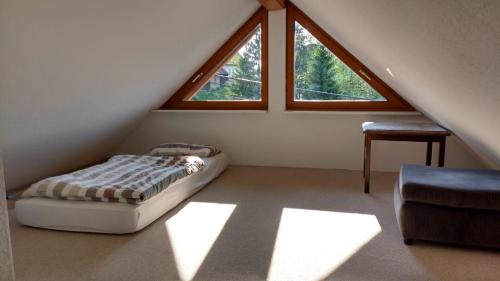 a attic room with a bed and two windows at Haus Rebblick in Offenburg