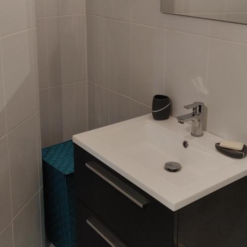 un bagno bianco con lavandino e doccia di Escale Caraibes a Trois-Rivières