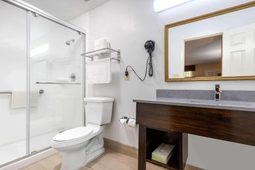 a bathroom with a toilet and a shower and a sink at Quality Inn & Suites in Lexington