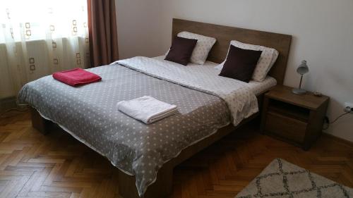 a bedroom with a large bed with two towels on it at Apartament Lavinia in Călimăneşti