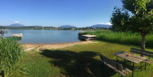 a lake with a bench and a boat on it at Ferienhaus Rafaela mit Privatstrand in Ledenitzen