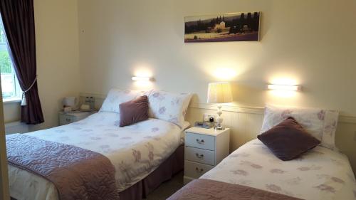 a bedroom with two beds and two lamps on the wall at Shannonside House N37HF67 in Athlone