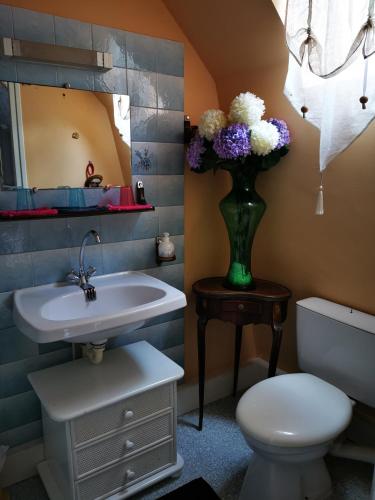 a bathroom with a sink and a toilet and a vase of flowers at Hotel bar b'rock in Saint-Martin-sous-Vigouroux