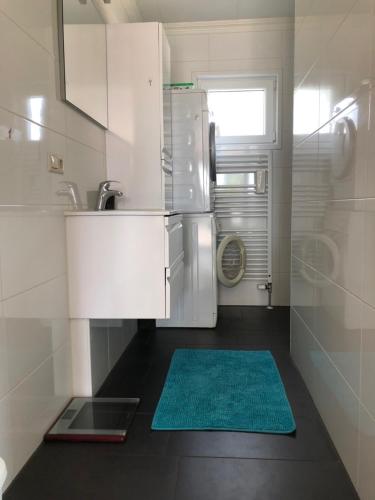 a small kitchen with a sink and a green rug at bungalow Onder de iep in Ermelo