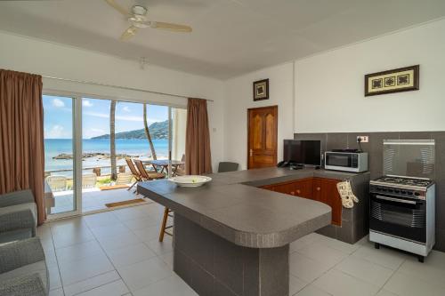 a kitchen with a counter and a view of the ocean at Beach Cove in Bel Ombre