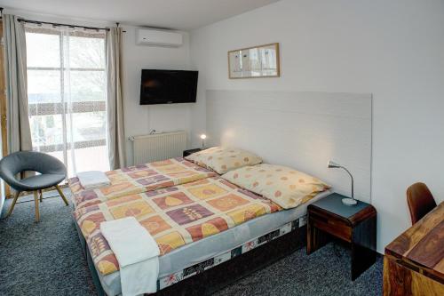 a bedroom with a bed and a desk and a tv at Pension Pegast in České Budějovice