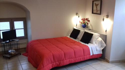 a bedroom with a bed with a red blanket at Le Petit Dyke in Le Puy en Velay
