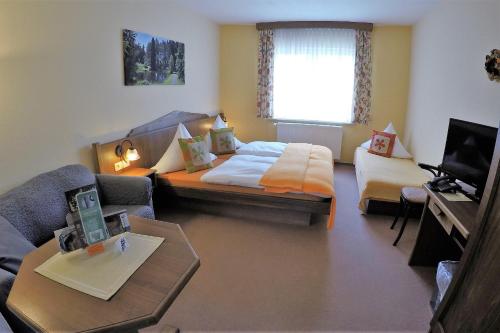 ein Wohnzimmer mit einem Bett und einem Sofa in der Unterkunft Hotel Drei Kronen in Frauenwald