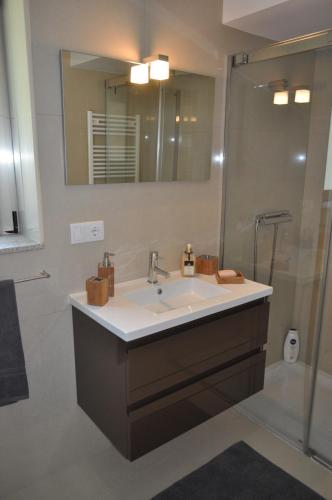 a bathroom with a sink and a shower at Casa da Quinta do Sóto in Terras de Bouro