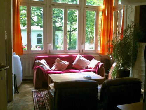 Zimmer Nähe Stadtmitte في فريبورغ ام بريسغاو: غرفة معيشة مع أريكة وردية ونوافذ