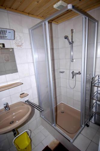 a bathroom with a shower and a sink at Ferienwohnung Waldblick in Scheffau am Wilden Kaiser