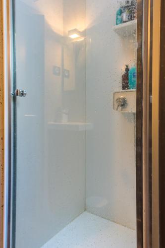 une douche avec une porte vitrée dans une salle de bain dans l'établissement LOFT AU COEUR DE LA VALLÉE DE LA LOIRE, à Montlouis-sur-Loire