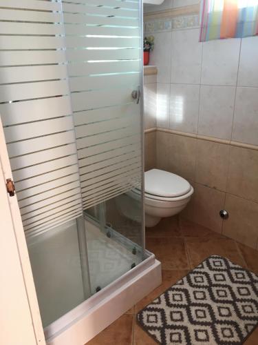 a bathroom with a glass shower and a toilet at Pesti Apartmanház in Bük