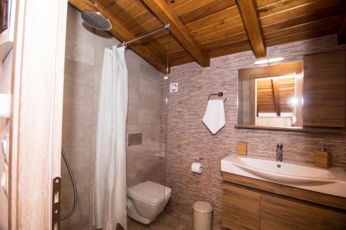 a bathroom with a sink and a toilet and a shower at Golden Attic in Nea Roda