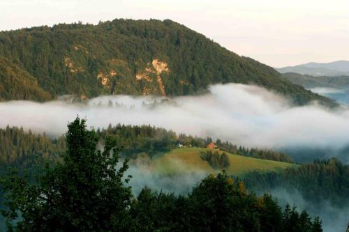 a foggy valley with a house on a hill with trees at Tourist Farm Strle With Great Local Food in Cerknica