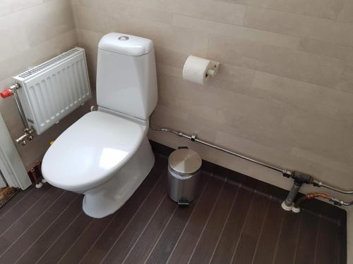 a bathroom with a toilet and a trash can at Brukshotellet Skinnsberg in Skinnskatteberg