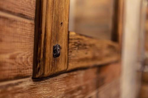 a close up of a wooden door with a knob at Penzion Šarlota & Vinařství Vítek Josef in Mutěnice
