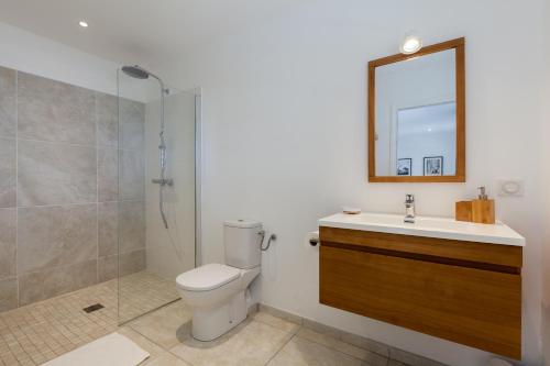 a bathroom with a toilet and a sink and a shower at Villas Rock & Beach in Le Diamant