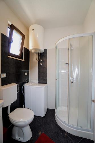 a bathroom with a toilet and a glass shower at Apartment Cici in Murine