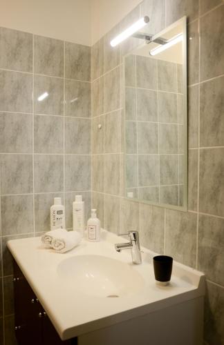 une salle de bain avec un lavabo et un miroir dans l'établissement La Terrasse de Jules, à Carcassonne