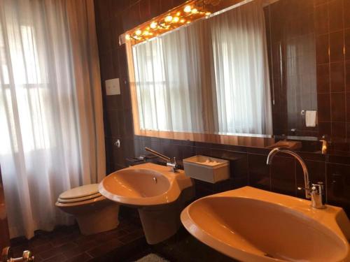 bagno con lavandino, servizi igienici e specchio di Casa Mamma Mia a Fiesso dʼArtico